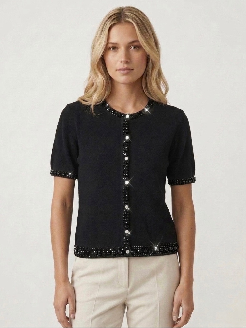 Vintage 80 90 Beaded Short Sleeve Knit Top Cardigan Sweater Wool Angora Minimal
